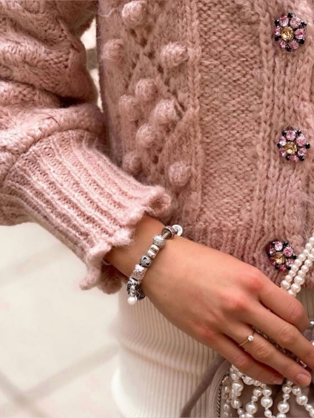 ZARA Jeweled Button Knit Cardigan Sweater Pink Alpaca Wool S Boho Preppy Soft - Picture 6 of 16